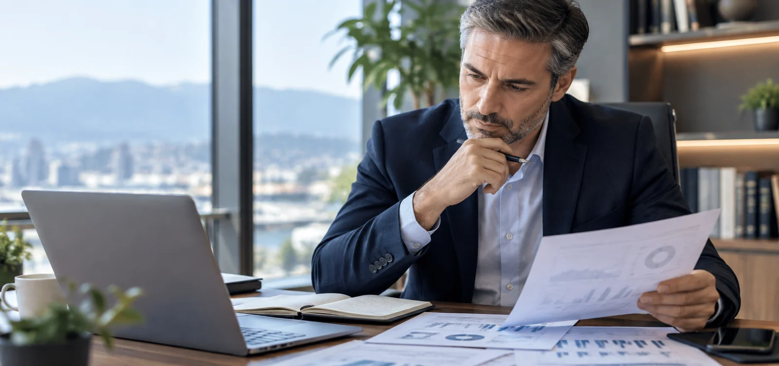 Profesional revisando antecedentes y documentación en un entorno corporativo